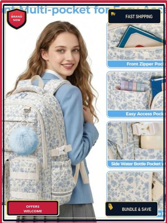 Quilted Cotton Backpack for Teen Girls, Floral School Bookbag, Fits 15.6\